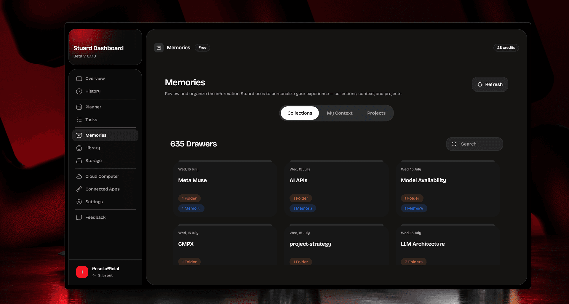 Memories dashboard — drawers and collections